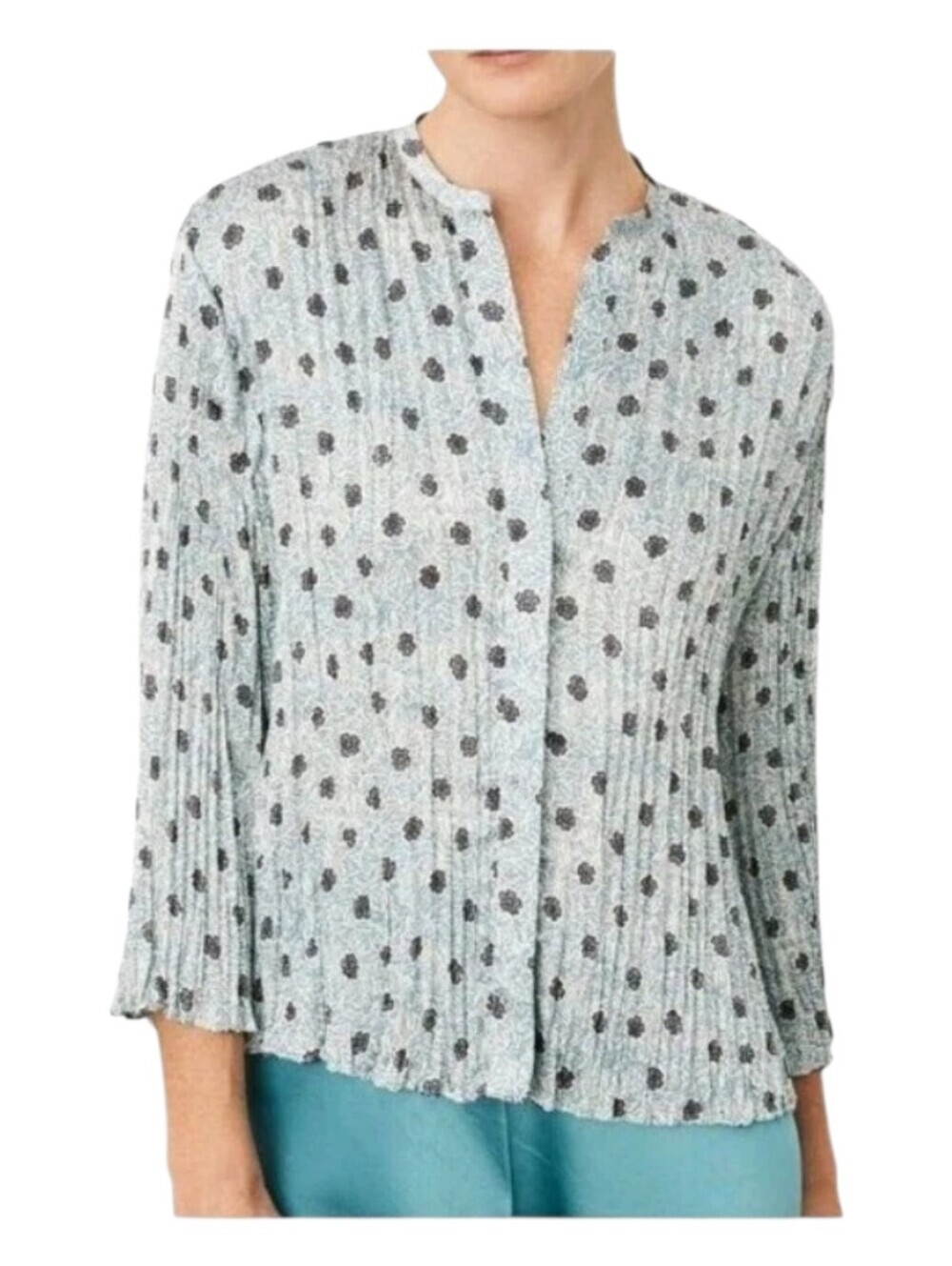 Vince Womens Luxury Pale Bay Blue Floral Print Pleated Satin Camellia Blouse 3X